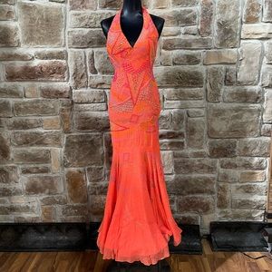 NWT Orange Beaded Halter Gown, Size 2